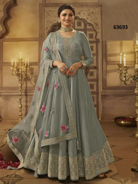 Grey Color Anarkali Suit for Eid in Dola Silk With Beautiful Zari Embroidery