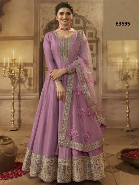 Lavender Color Anarkali Suit for Eid in Dola Silk With Beautiful Zari Embroidery