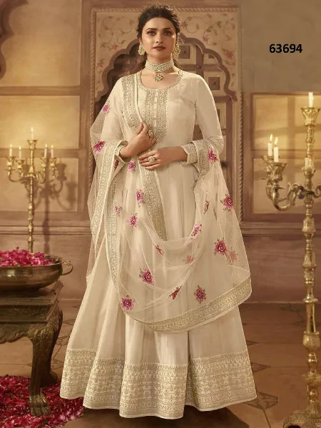 Cream Color Anarkali Suit for Eid in Dola Silk With Beautiful Zari Embroidery