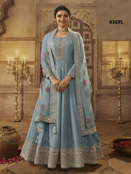 Sky Blue Color Anarkali Suit for Eid in Dola Silk With Beautiful Zari Embroidery