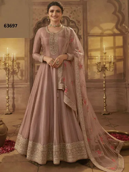 Peach Color Anarkali Suit for Eid in Dola Silk With Beautiful Zari Embroidery