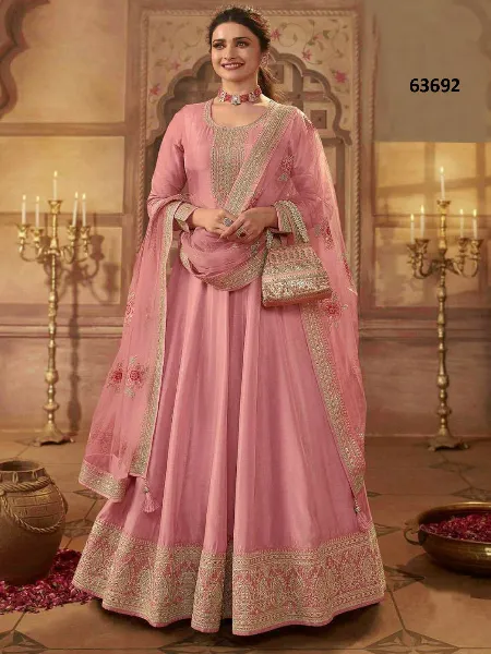 Pink Color Anarkali Suit for Eid in Dola Silk With Beautiful Zari Embroidery