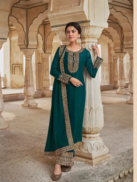 Rama Color Pakistani Salwar Suit With Beautiful Embroidery Work and Dupatta