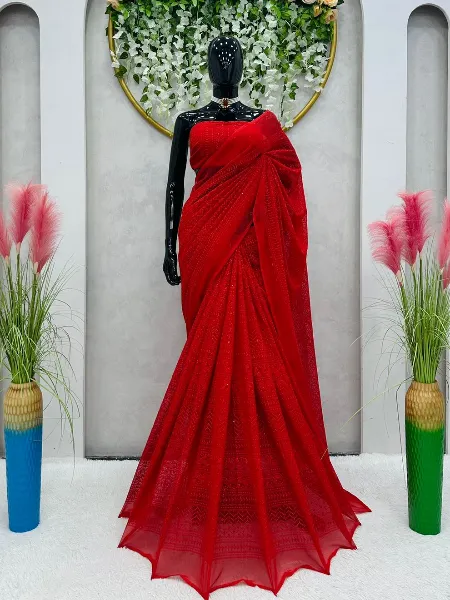 Karwa Chauth Saree in Red Thread Sequence on Georgette With Heavy Work Blouse