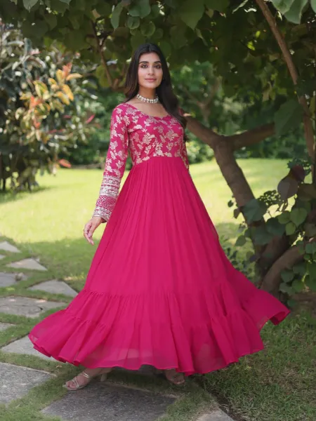 Pink Georgette Gown with Real Mirror and Colorful Embroidery Work Dupatta  in USA, UK, Malaysia, South Africa, Dubai, Singapore