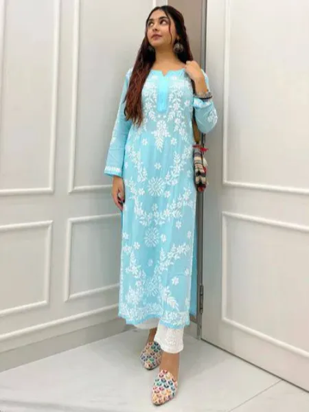 Sky Blue Salwar Suit in Rayon With Cotton Thread Embroidery and Pant