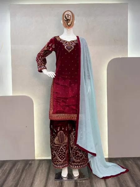 Maroon Color Velvet Pakistani Dress With Sequence Embroidery Work