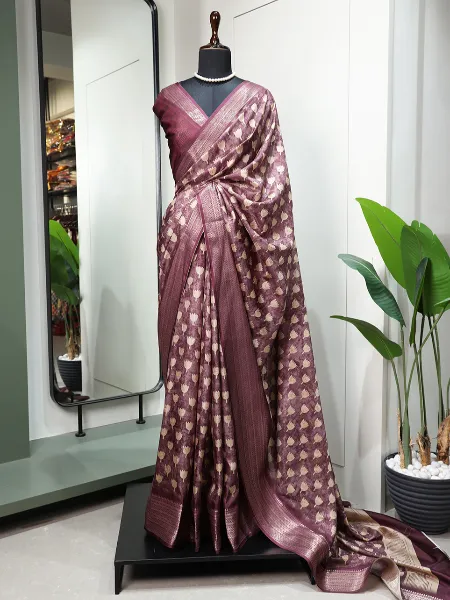 Wine Embellished Satin Silk Saree & Blouse 5718SR04