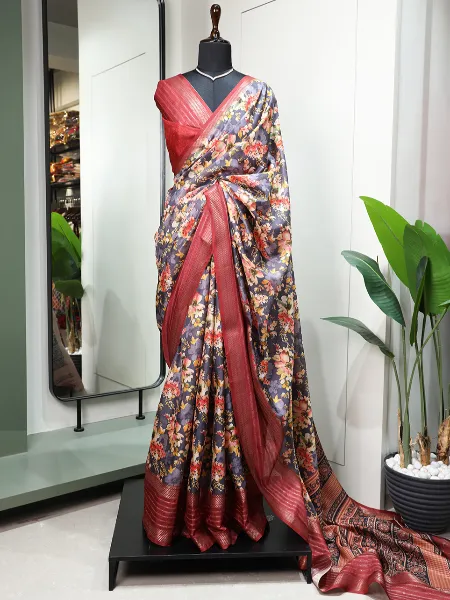 Red Color Dola Silk Saree With Digital Print With Sequence Zari Border