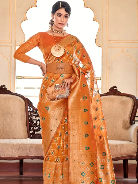 Orange Color Organza Saree With Patola Weaving Work and Blouse