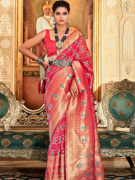 Pink Color Organza Saree With Patola Weaving Work and Blouse