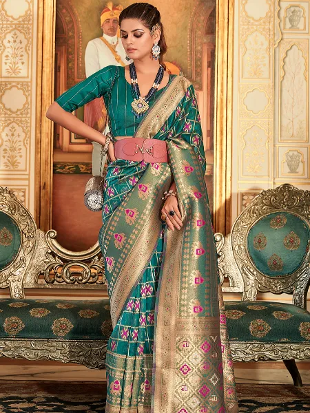 Teal Color Organza Saree With Patola Weaving Work and Blouse
