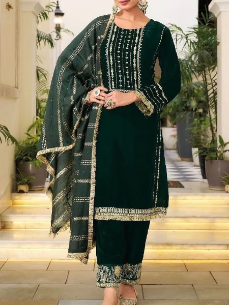 Green Color Velvet Pakistani Dress With Sequence Embroidery Work