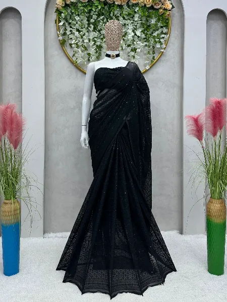 Trending Saree in Black Color Thread Sequence on Georgette With Heavy Work Blouse