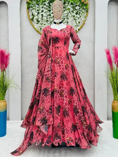 Pink Color Designer Gown With Digital Print in Georgette and Dupatta