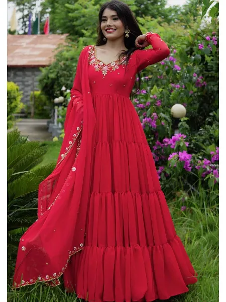 Red Color Georgette Gown With 13 Meter Big Flair and Embroidery Work
