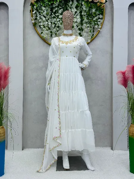 White Color Georgette Gown With 13 Meter Big Flair and Embroidery Work