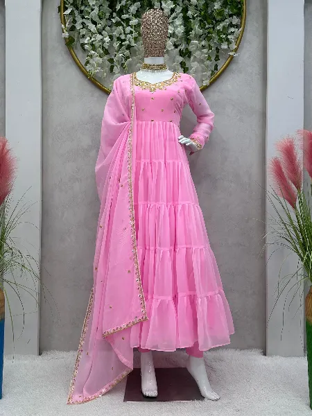 Light Pink Color Georgette Gown With 13 Meter Big Flair and Embroidery Work