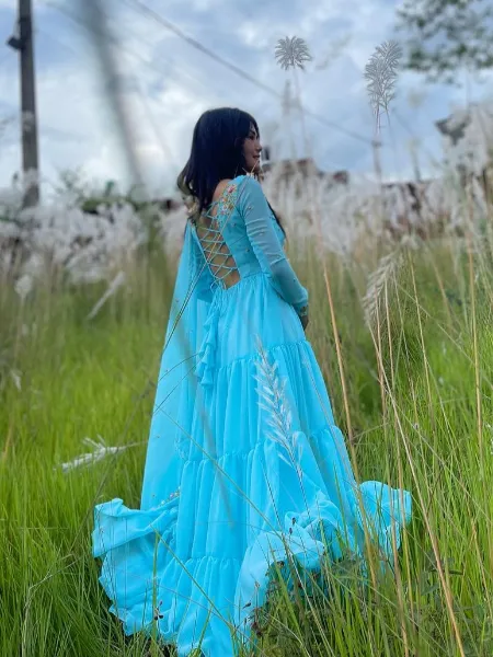 Sky Blue Color Georgette Gown With 13 Meter Big Flair and Embroidery Work