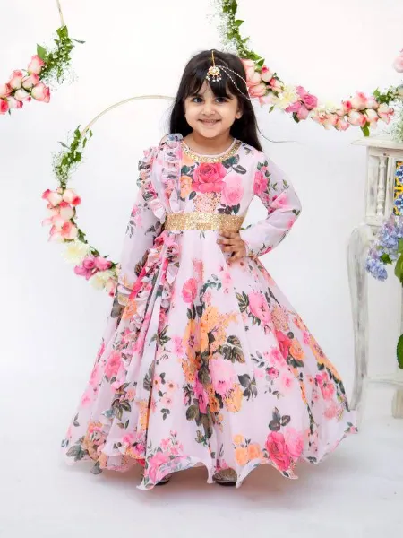 White Color Kids Gown With Digital Print in Georgette Fabric and Dupatta