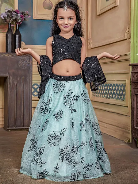 Sky Blue Color Kids Organza Lehenga Choli With Sequence Embroidery Work