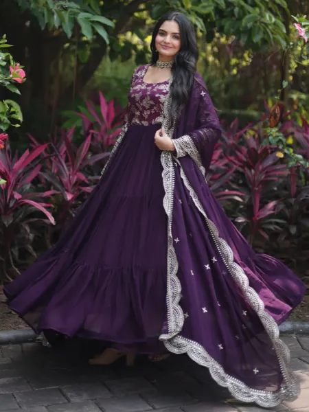Wine Color Gown With Jacquard and Sequins Work With 12 Meter Big Flair and Dupatta