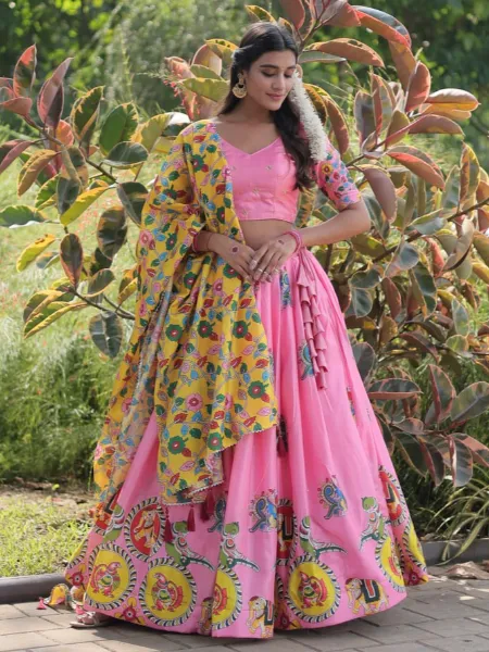Light Pink Dola Silk Lehenga Choli With Kalamkari Print South Indian Lehenga