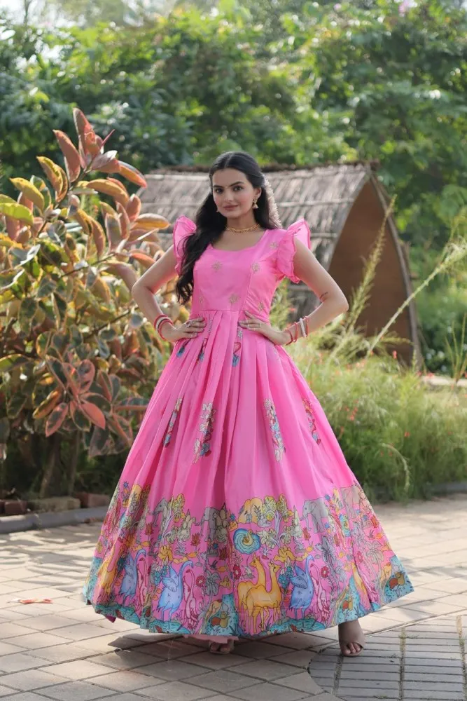 Designer Light Pink Dress With Floral Embroidery - Rent