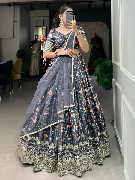 Rani and Grey Color Combination Designer Lehenga Choli with Dupatta ::  ANOKHI FASHION