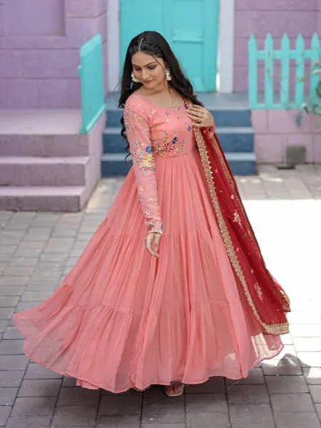 Beautiful Georgette Full Flair Gown, Long ANARKALI GOWN for Women, Heavy  Party Wear Suit, Salwar Suit, Indian Gown, Peach Suit With Dupatta - Etsy