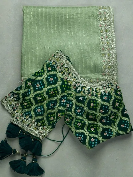 Pista Color Banarasi Silk Saree With Zari Weaving and Embroidery Lace Indian Sari
