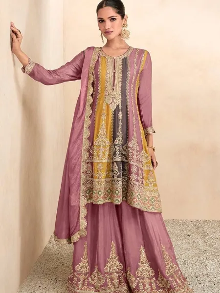 Onion Pink Designer Top Palazzo Set With Heavy Embroidery Work and Dupatta