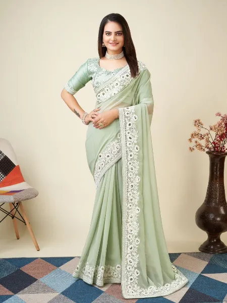 Pista Color Georgette Saree With Sequence and Cording Embroidery
