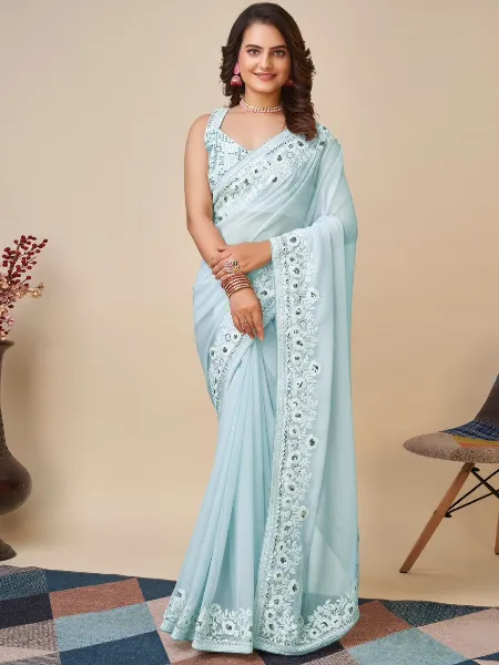 Sky Color Georgette Saree With Sequence and Cording Embroidery