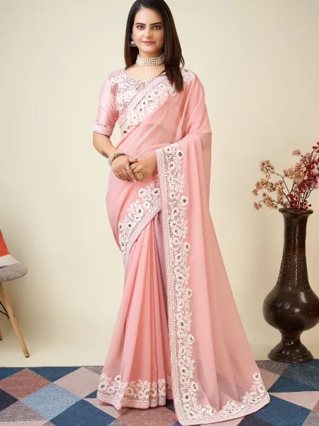Peach Color Georgette Saree With Sequence and Cording Embroidery