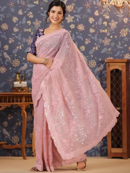Light Pink Sequence Saree in Georgette With Fancy Cut Work Border