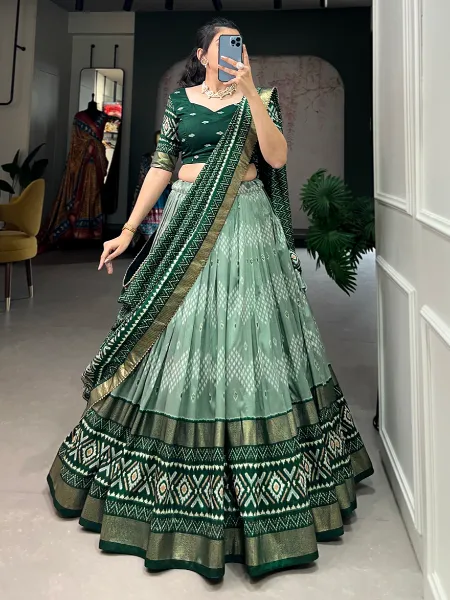 Green Color Tussar Silk Lehenga Choli With Ikkat and Foil Print With Blouse
