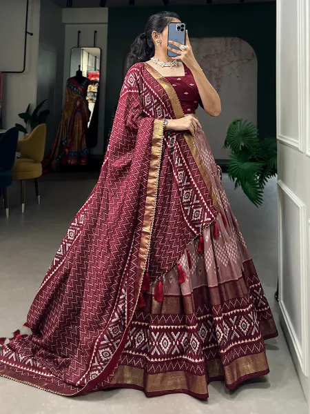 Maroon Color Tussar Silk Lehenga Choli With Ikkat and Foil Print With Blouse