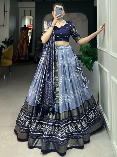 Navy Blue Color Tussar Silk Lehenga Choli With Ikkat and Foil Print With Blouse