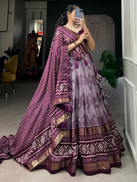 Wine Color Tussar Silk Lehenga Choli With Ikkat and Foil Print With Blouse