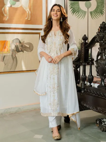 White Top With Pant and Dupatta Set With Real Foil Embroidery Work