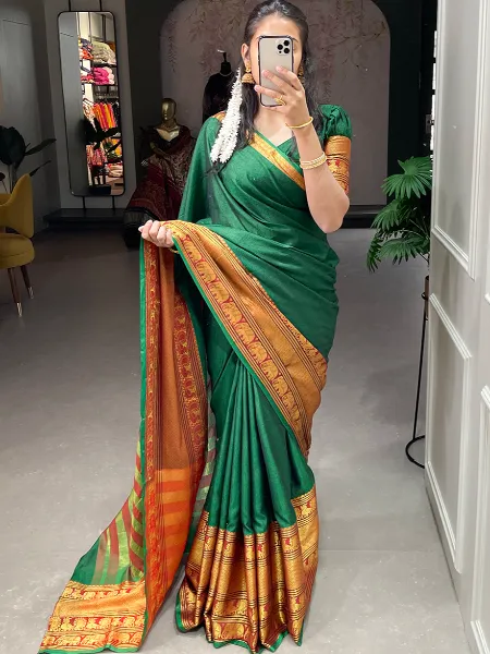 Green Color Narayanpet Saree With Zari Weaving Work South Indian Saree