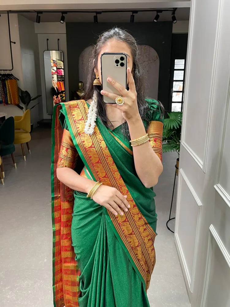 Dark Green With Maroon Zari Border Narayanpet Saree Blouse South Indian Designer  Saree in USA, UK, Malaysia, South Africa, Dubai, Singapore