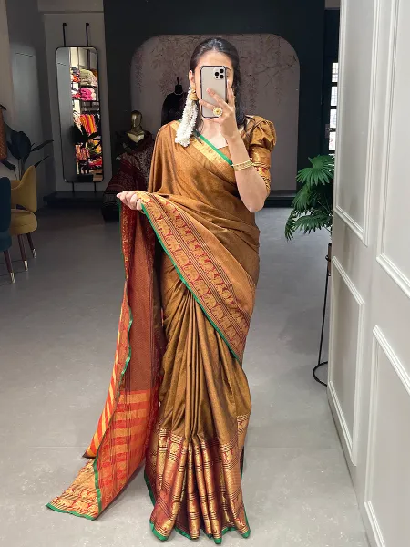 Mustard Color Narayanpet Saree With Zari Weaving Work South Indian Saree