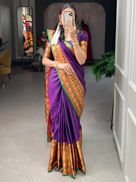 Purple Color Narayanpet Saree With Zari Weaving Work South Indian Saree