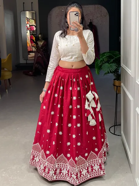 Maroon Color Ready to Wear Lehenga Choli in Cotton With Lucknowi Work
