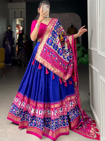 Royal Blue Indian Wedding Lehenga Choli in Tussar Silk With Patola Dupatta