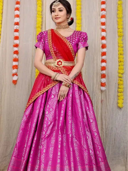 Pink Color Pure Silk Half Saree Lehenga Choli With Zari Weaving and Dupatta
