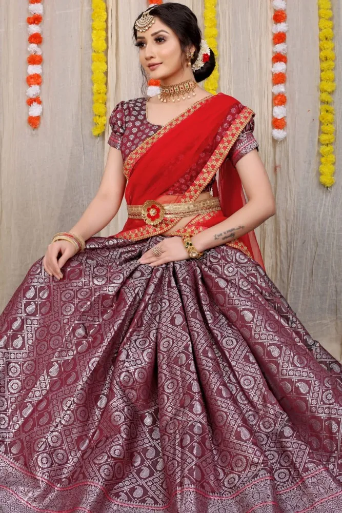 Pattu Lehenga | Half saree designs, Pink half sarees, Half saree lehenga