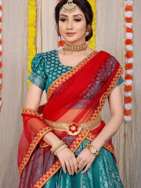 Rama Color Pure Silk Half Saree Lehenga Choli With Zari Weaving and Dupatta